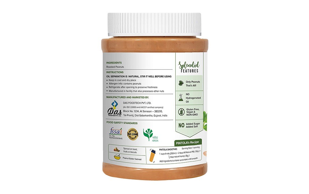 Pintola Unsweetened Peanut Butter Extra Crunchy   Plastic Jar  1 kilogram